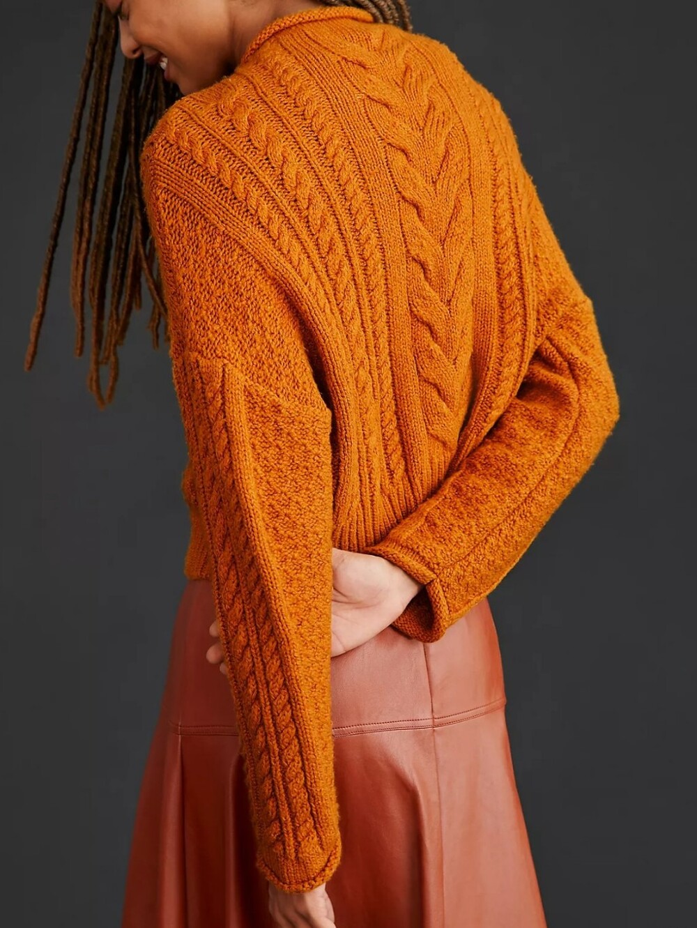 Anthro Pilcro Mock-Neck Cable-Knit Sweater In Burnt Orange Size Medium - Picture 3 of 7
